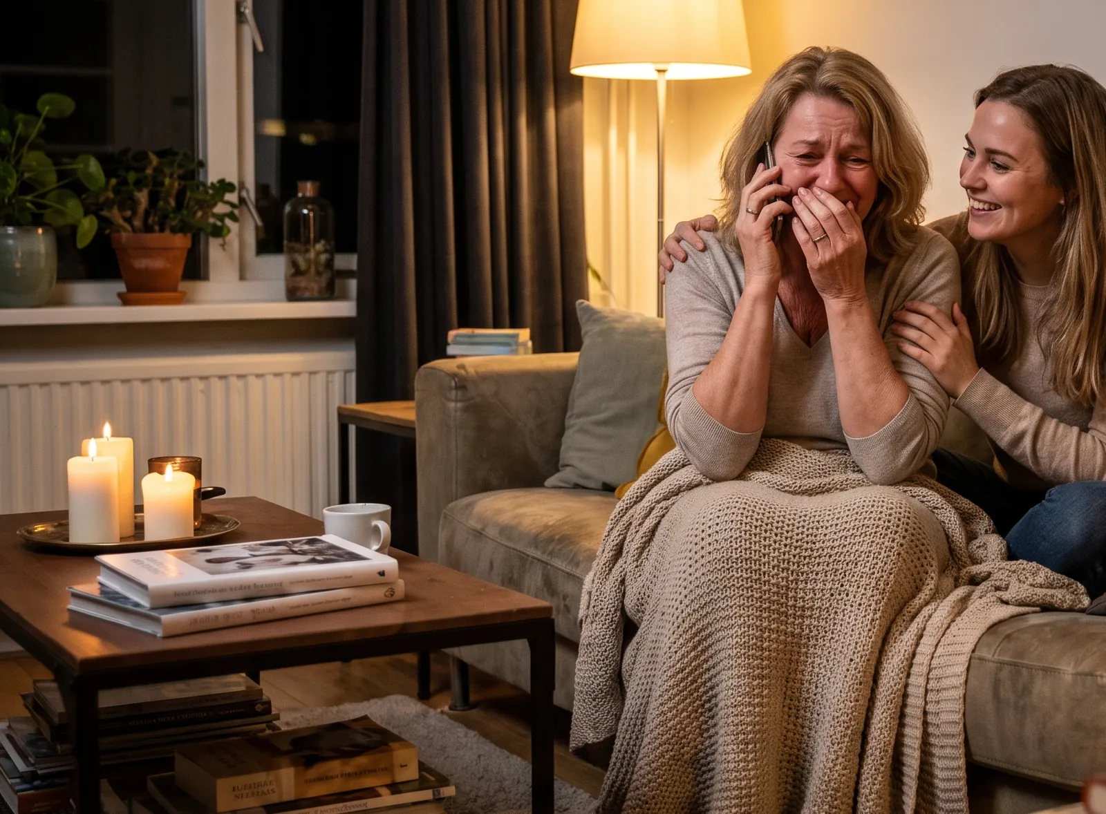 Een vrouw op de bank luistert naar een lied over haarzelf en houdt ontroerd haar hand voor haar mond; haar dochter lacht naast haar