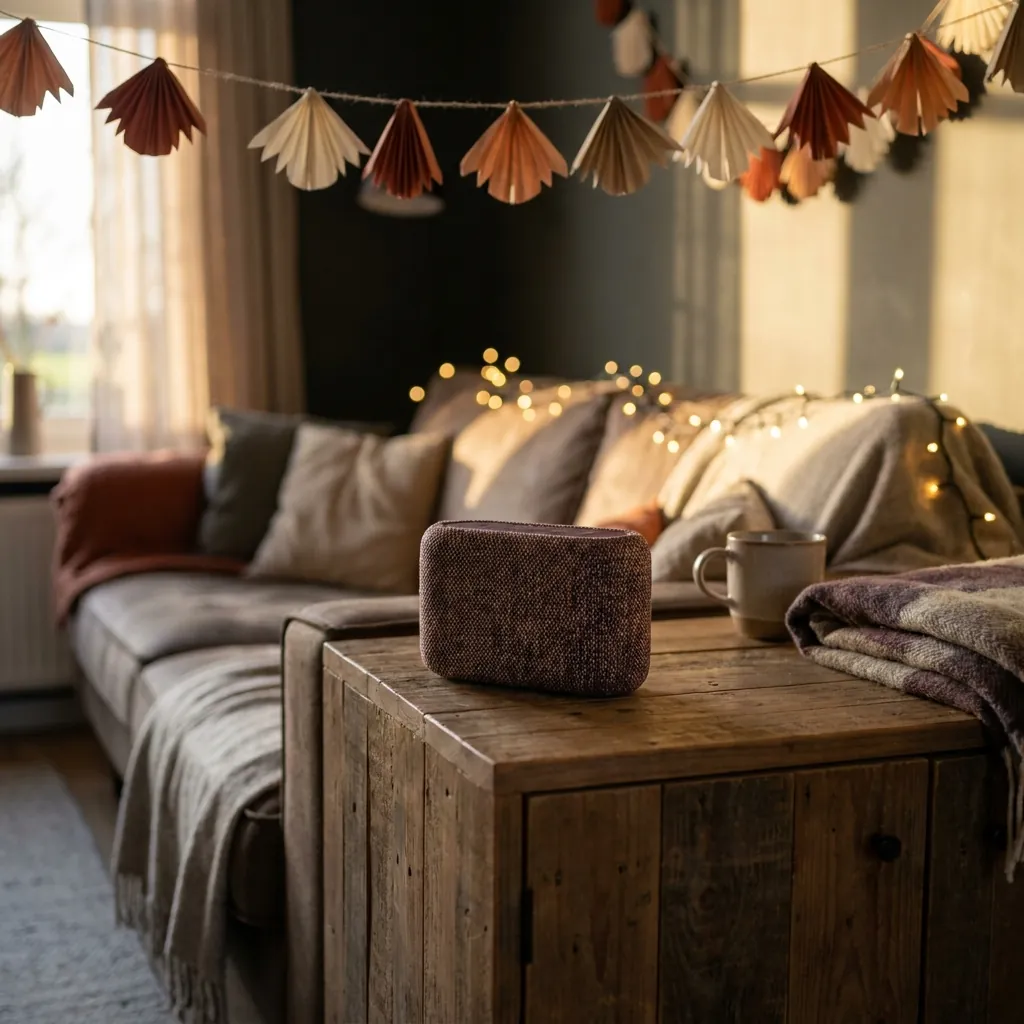 Een speaker op een kast in een warme woonkamer met slingers