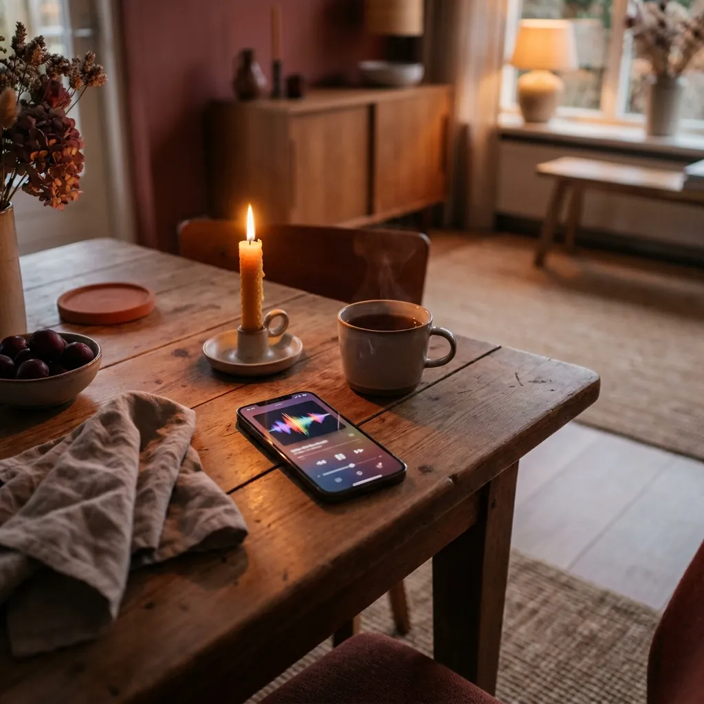 Een telefoon met een muziekspeler op het scherm, op een tafel met kaarslicht