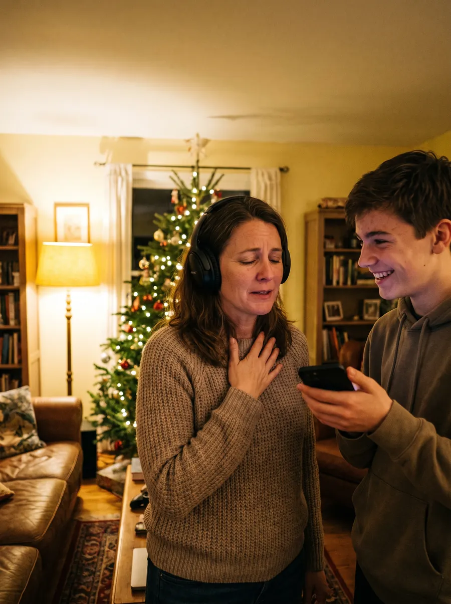 Een moeder met een koptelefoon bij de kerstboom, ontroerd, haar zoon lacht naast haar