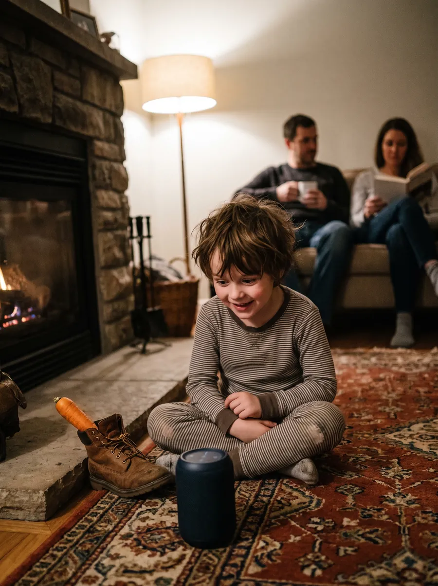 Een kind in pyjama luistert bij de open haard naar een speaker, met een schoen met een wortel ernaast