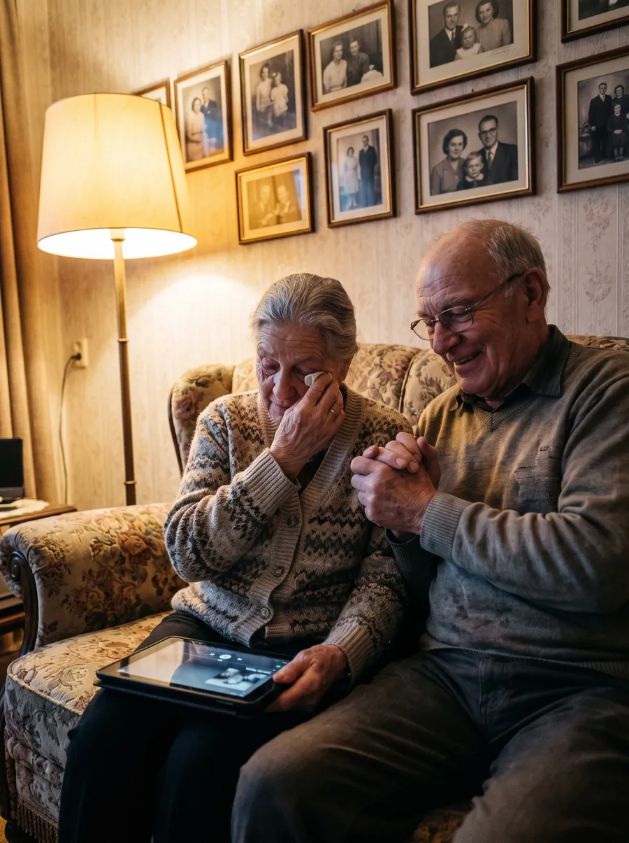 Opa en oma op de bank luisteren samen naar een lied op een tablet; oma veegt een traan weg