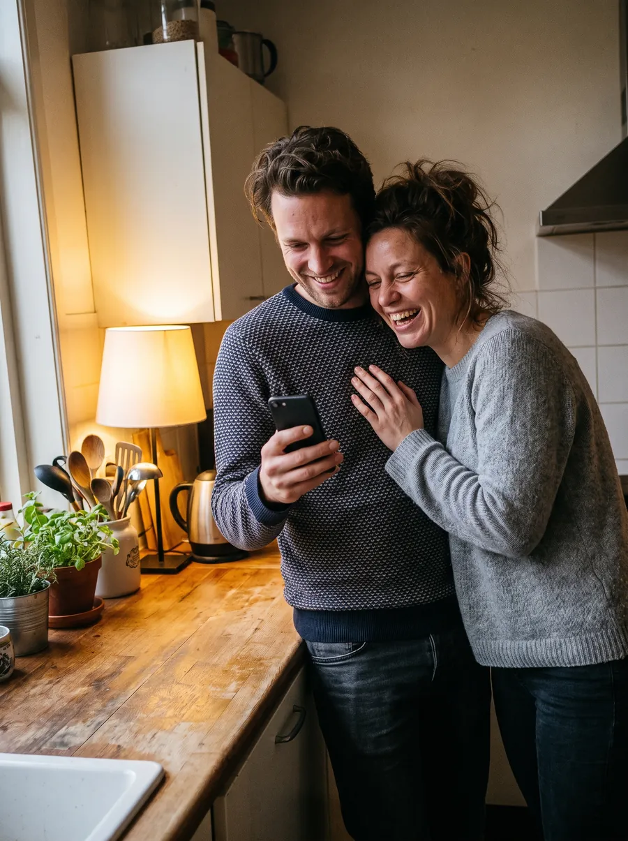 Een stel in de keuken; zij lacht ontroerd terwijl hij een lied op zijn telefoon laat horen