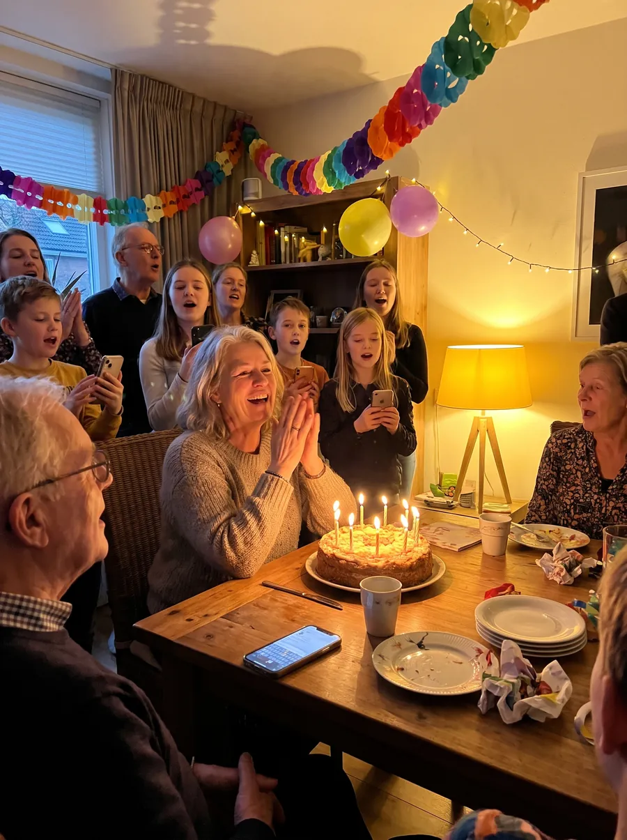 Een verjaardag thuis: de jarige lacht aan tafel terwijl iedereen meezingt