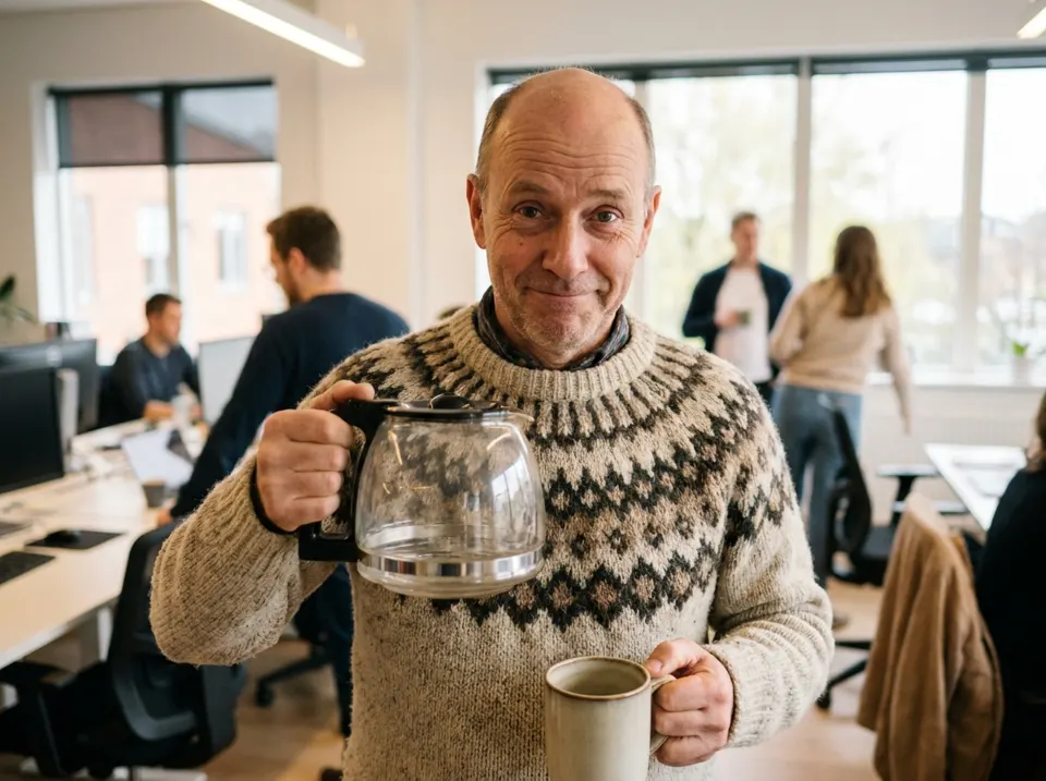 Een collega in een gebreide trui met een lege koffiekan en een grote mok, op kantoor