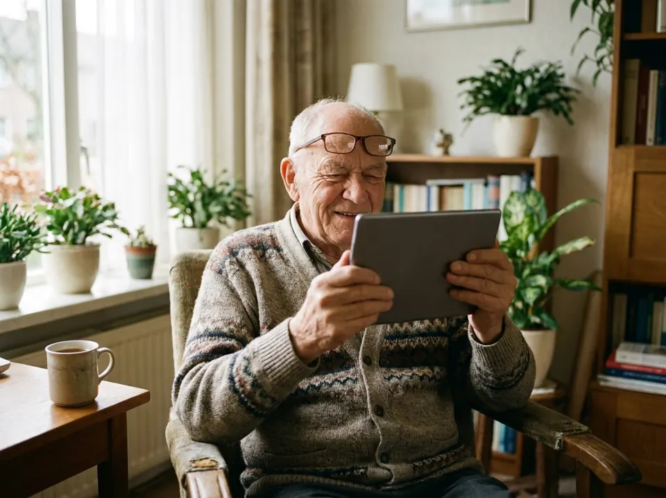 Een opa in een vest houdt een tablet vlak voor zijn gezicht, alsof hij aan het videobellen is