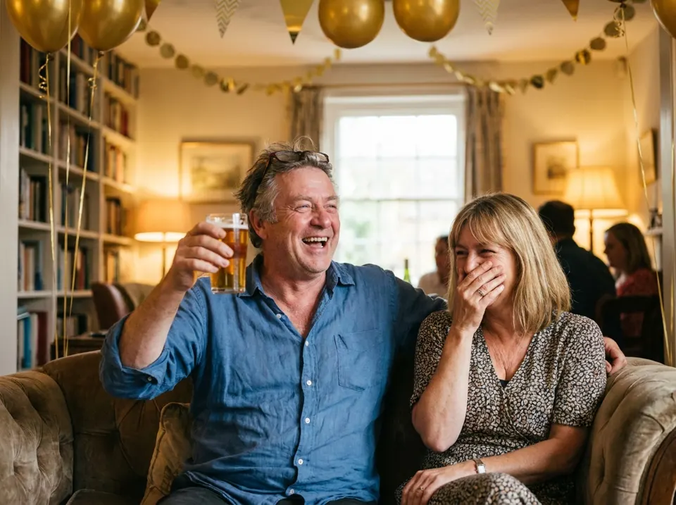 Een lachende man van vijftig heft zijn glas op de bank, naast zijn lachende vrouw, met gouden ballonnen
